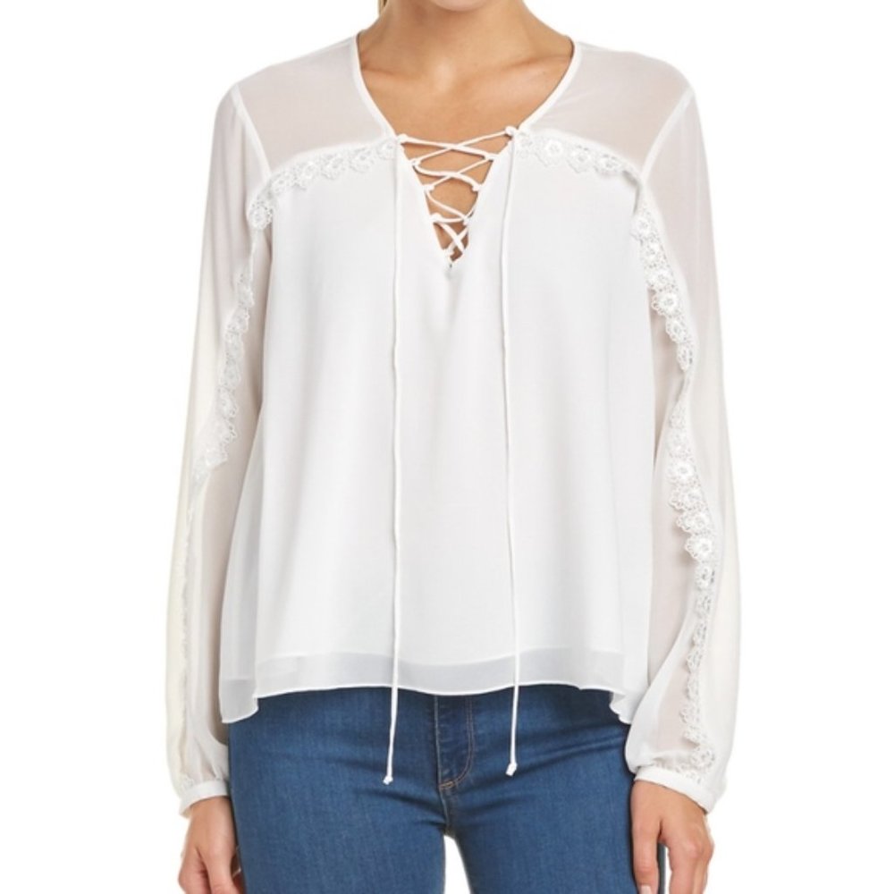 Haute Hippie Lace Up Sheer White Blouse w. Lining Size Small NWT